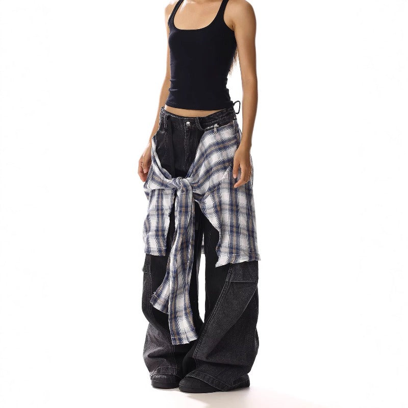 Women's jeans women's loose fake two-piece stitching wide-leg pants