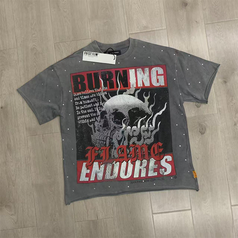 First Row T Shirts BREAKING NEWS BURNING FLAMES CROPPED TEE Fashion Hot Diamond Trend Brand
