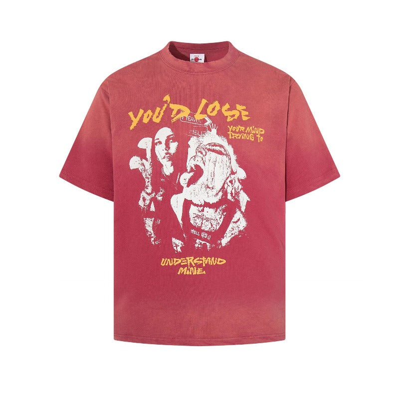 Men's t-shirt - american retro unisex style, washed and distressed print design, crew neck, men's high street slim fit short sleeve tee