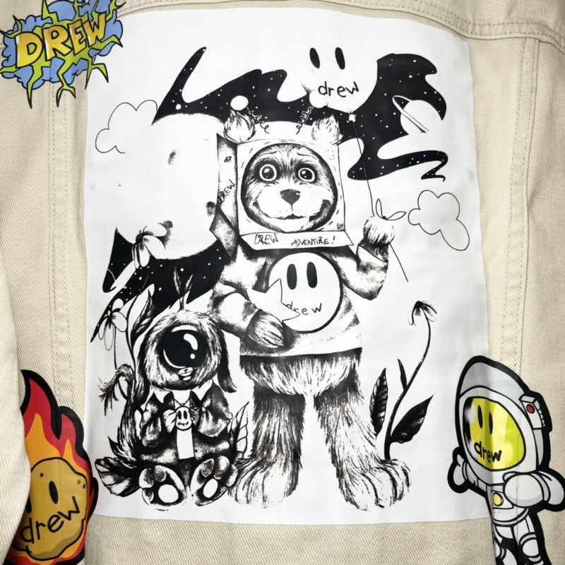 Drew house jacket - spring/autumn d@ew smiley face multi-element alien badge patchwork illustration denim jacket