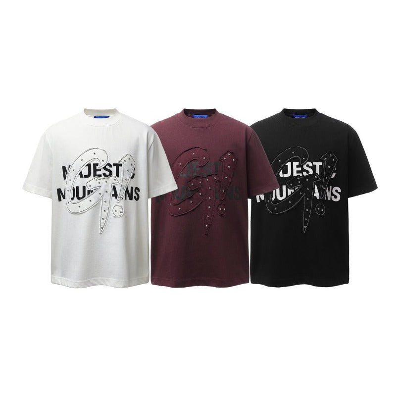 Men's t-shirt - american retro heavyweight double yarn letter patch print design - men's high street oversized short sleeve tee