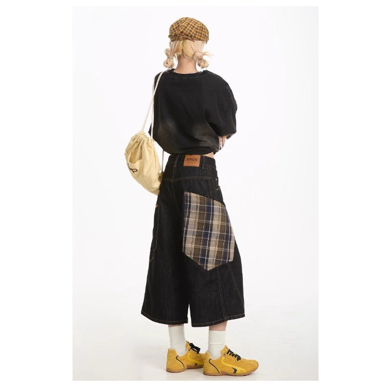 Women's jeans retro plaid stitched women's summer loose cropped pants