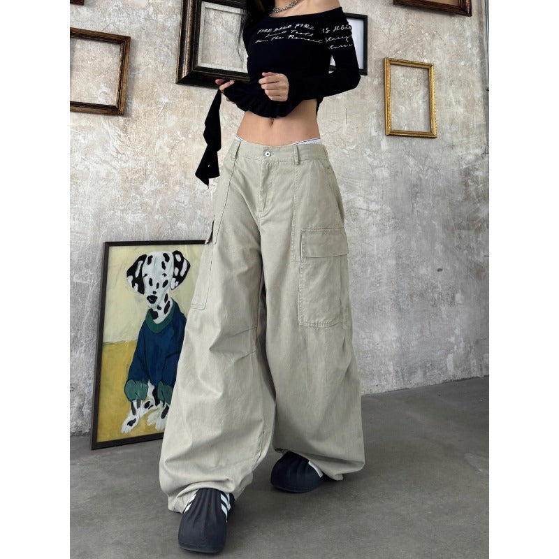 Women's jeans women's loose multi-pocket wide-leg pants