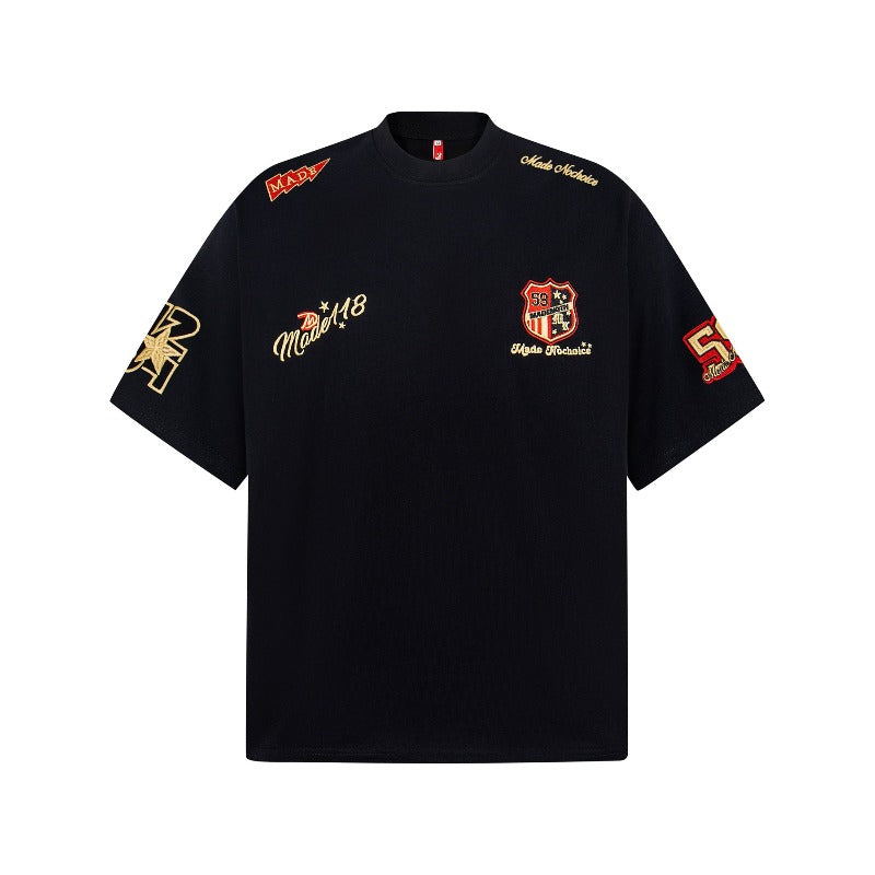 Men's t-shirt - american retro unisex short sleeve tee with embroidered badge design - high street style oversized t-shirt