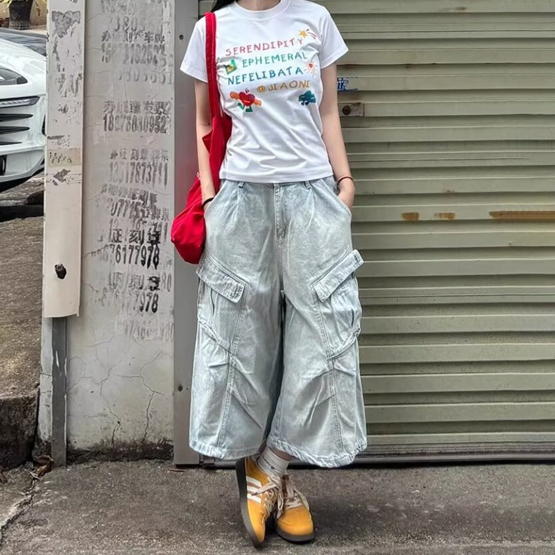 Women's jeans women's loose retro tooling cropped pants