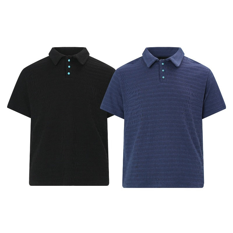 Men's t-shirt: vintage streetwear textured micro-stretch knit design, men's turn-down collar high street loose fit short sleeve tee