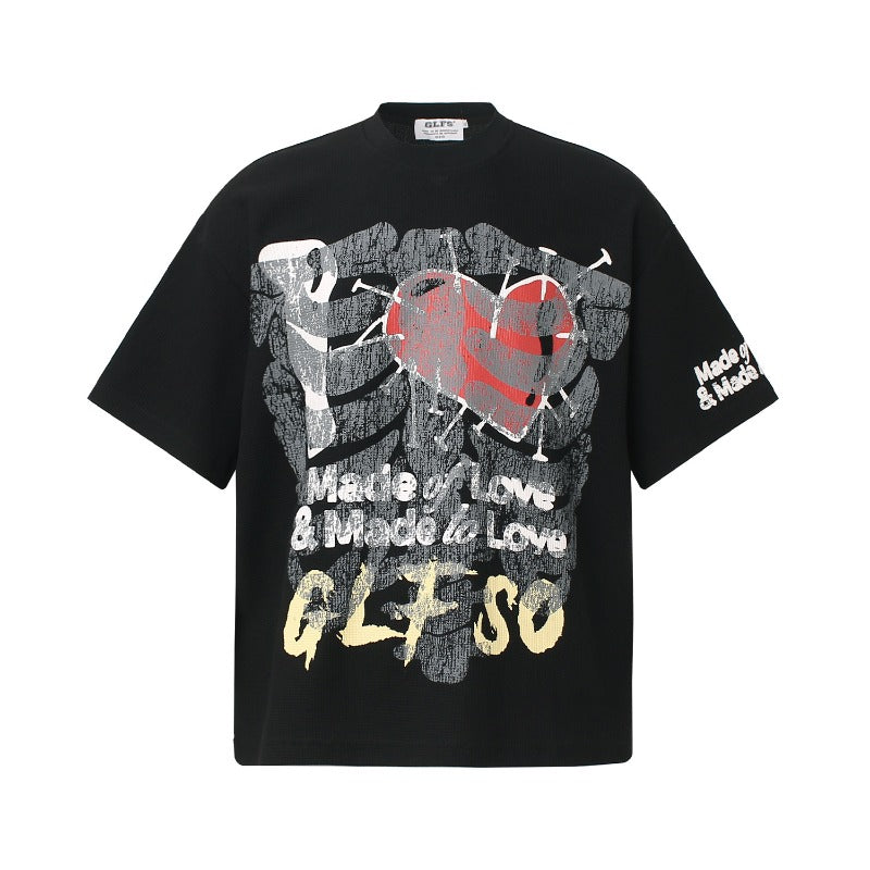 Men t shirt t american retrocouple street trendy waffle grids fun graffiti design high street men's loose small round neck t-shirt