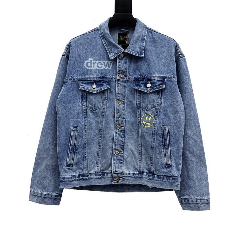 Drew house jacket - european and american streetwear brand - spring/autumn style - d@ew smiley face distressed washed embroidered denim jacket