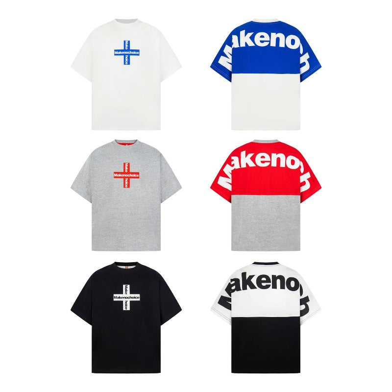 Men's t-shirt - american retro unisex color block letter print short sleeve design - men's high street loose fit tee