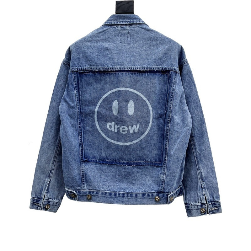 Drew house jacket - european and american streetwear brand - spring/autumn style - d@ew smiley face distressed washed embroidered denim jacket