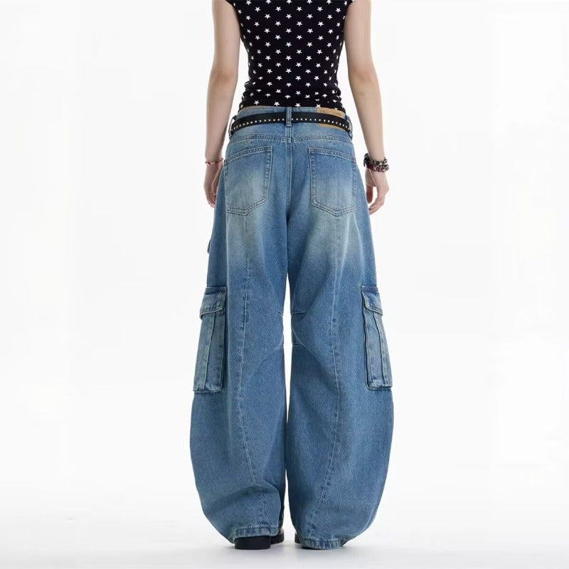 Women jeans retro multi flap pocket pantsloose