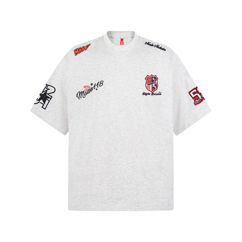 Men's t-shirt - american retro unisex short sleeve tee with embroidered badge design - high street style oversized t-shirt