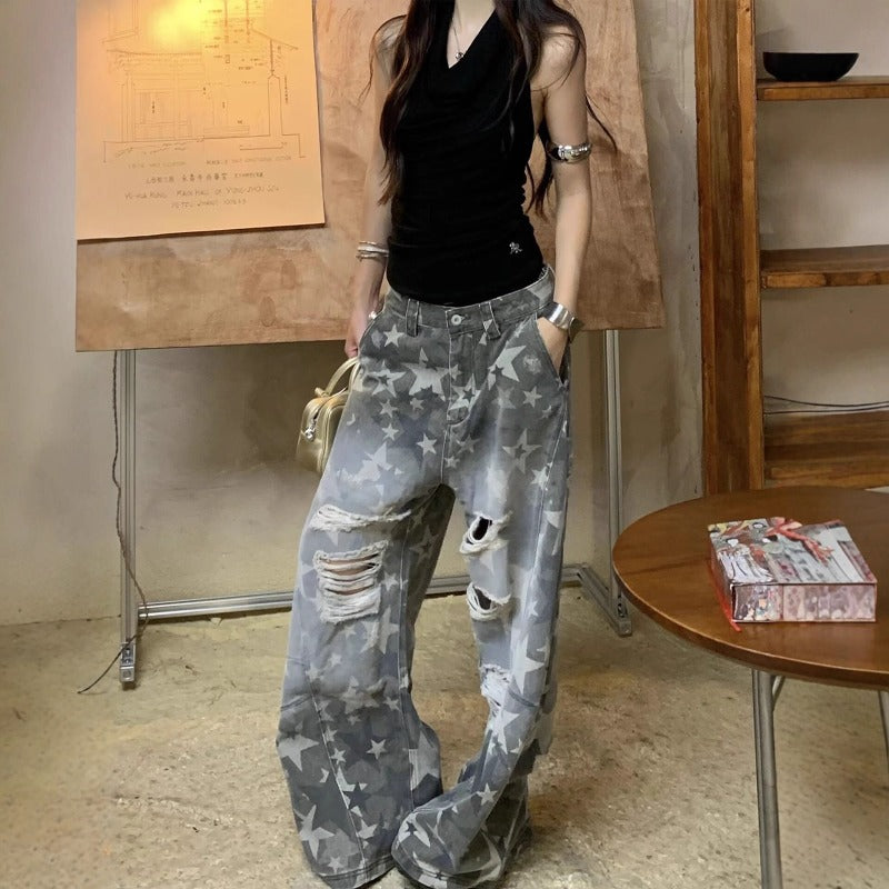Women jeans retro ripped women loose