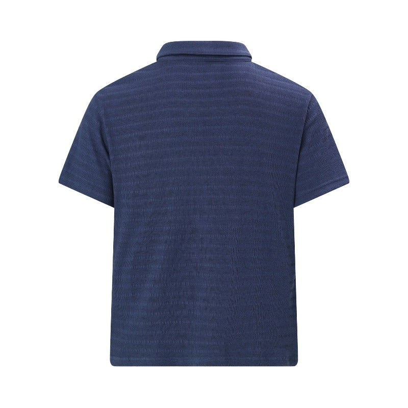 Men's t-shirt: vintage streetwear textured micro-stretch knit design, men's turn-down collar high street loose fit short sleeve tee