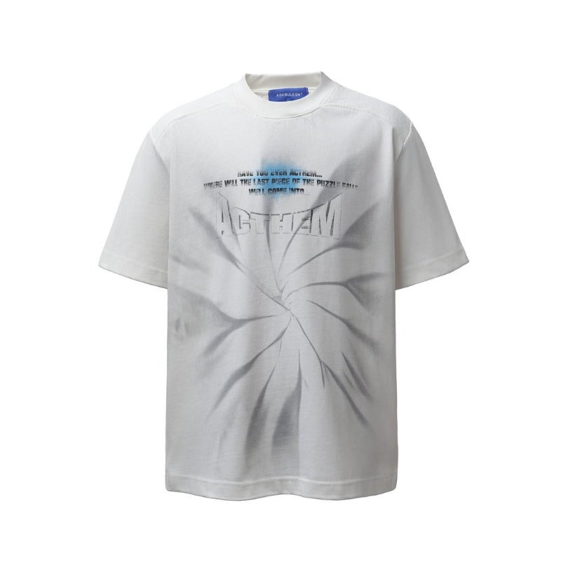 Men's t-shirt - american retro heavyweight double yarn high-quality high street washed distressed printed men's loose fit short sleeve t-shirt
