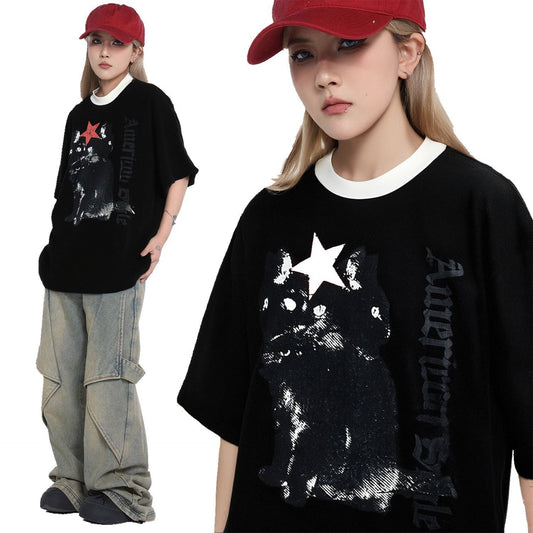 Unisex T-shirts Summer Male and Female Cat Picture Loose Short Sleeve T-Shirt