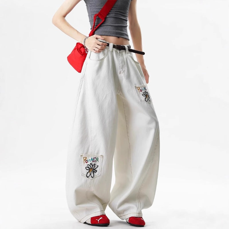 Women's jeans vintage flower embroidery print women's summer loose trousers