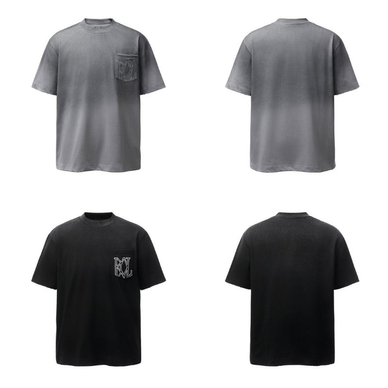 Men's american retro heavyweight double yarn washed distressed embroidered design high street loose fit short sleeve t-shirt