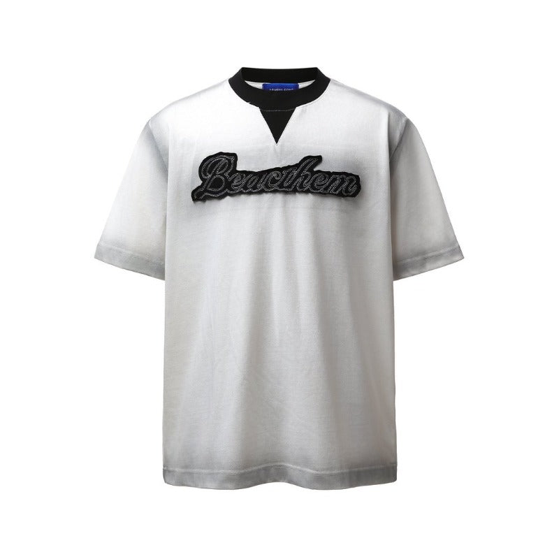 Men's t-shirt: american retro heavyweight double yarn, high-street quality, spray-painted appliqué embroidery design, men's relaxed fit short sleeve tee