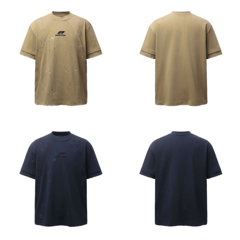 Men's t-shirt: american retro heavyweight double yarn hand-painted deconstructed design, high street oversized short sleeve tee