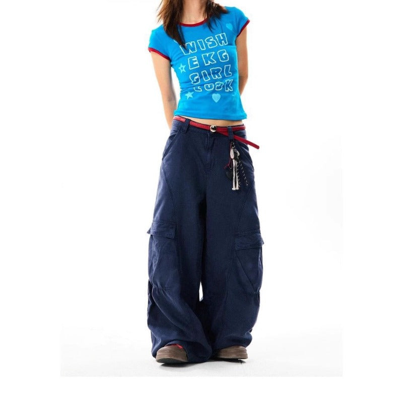 Women jeans retro multi flap pocket pants