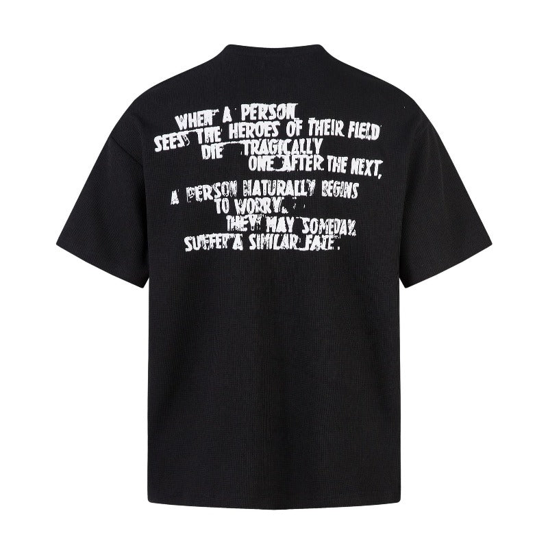Men's t-shirt: american street style summer waffle knit premium letter print design, men's loose fit zip-up short sleeve tee