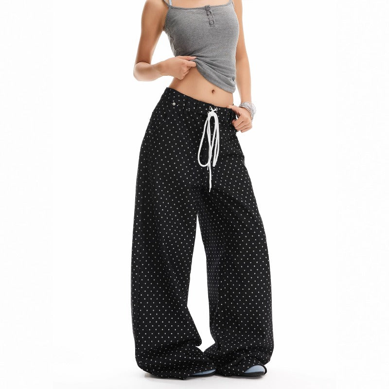 Women jeans drawstring polka dot loose