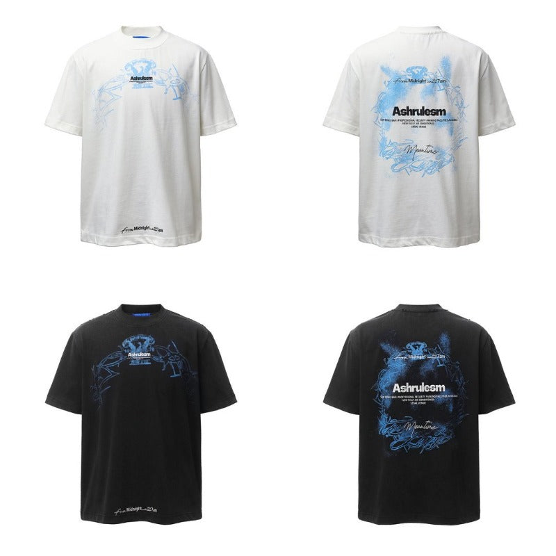 Men's t-shirt - american retro heavyweight double yarn distressed creative print design - men's high street loose fit short sleeve tee