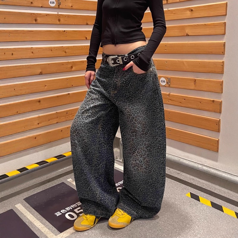 Women jeans gradual change leopard print women summer high waist