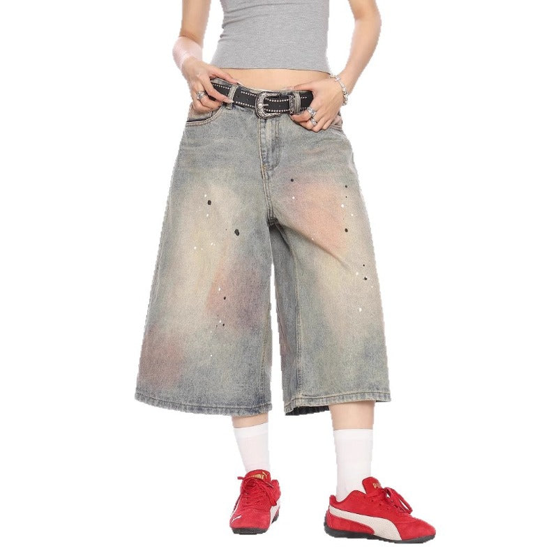 Women's jeans women's summer loose semi-elastic waist cropped shorts