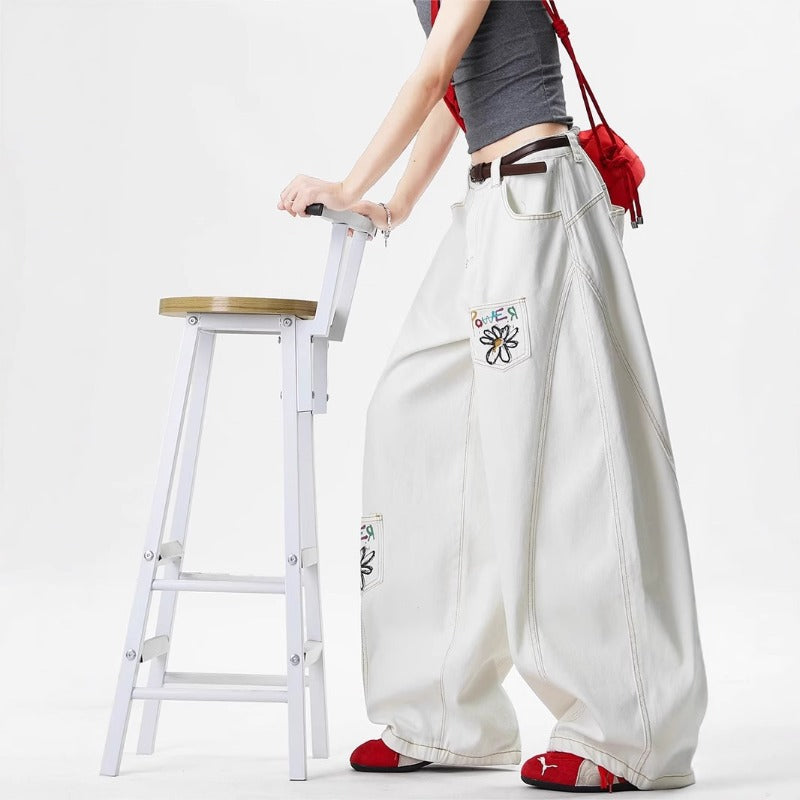 Women's jeans vintage flower embroidery print women's summer loose trousers