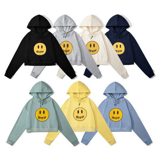 Drew house hoodie - early autumn d@ew smiley face letter print cropped hoodie (women's)