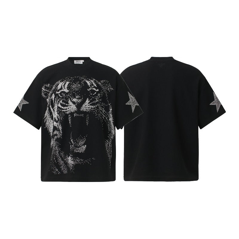 Men t shirt t american retrocouple street trendy graffiti tiger head short sleeve design high street men's loose waffle grids t-shirt