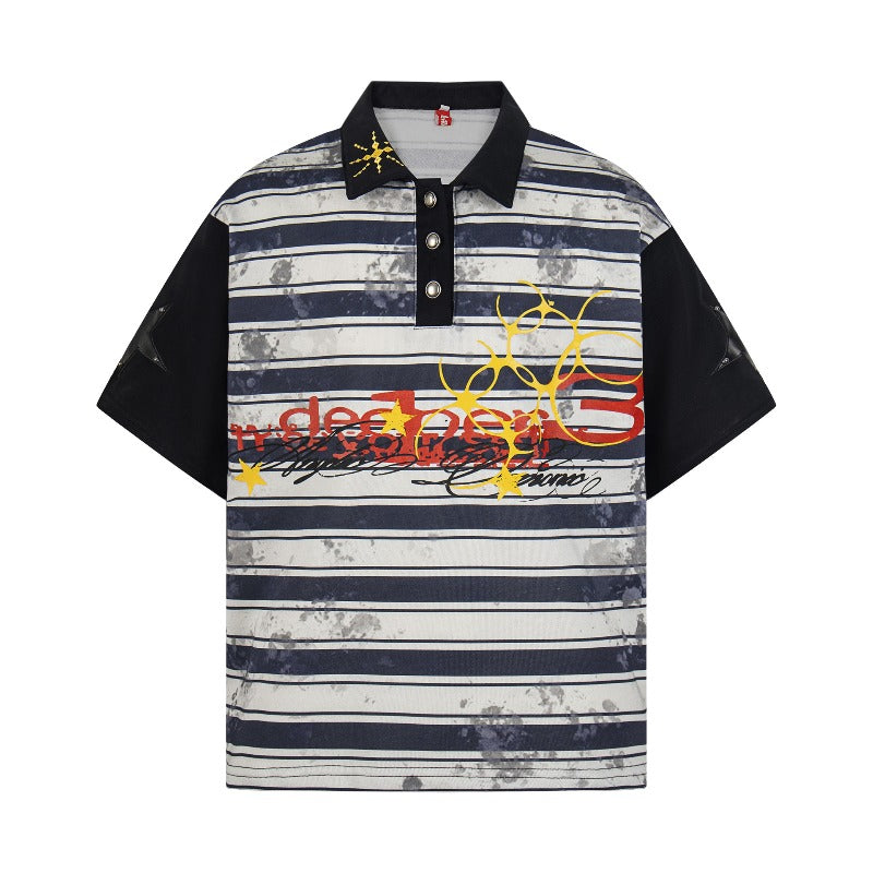 Men's t-shirt: american retro double yarn unisex striped color block turn-down collar design, high street loose fit short sleeve tee