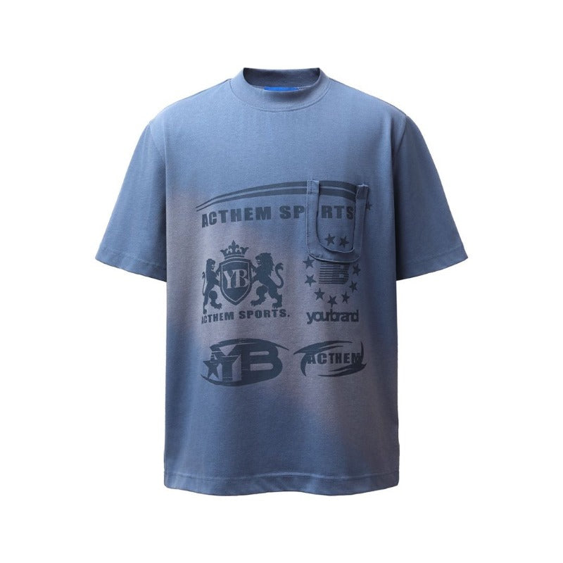 Men's t-shirt - american retro heavyweight double yarn high-quality washed and distressed print design, men's loose fit short sleeve tee