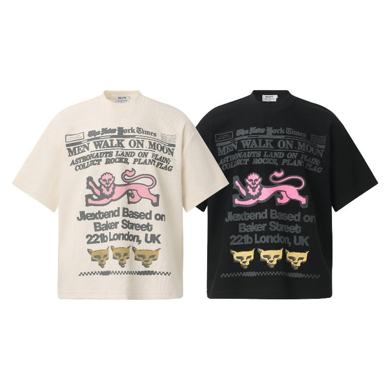 Men t shirt t american retrocouple street trendy waffle pattern printing design high street men's loose round neck t-shirt