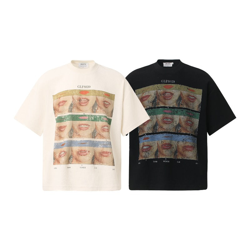 Men t shirt t american retrocouple street trendy waffle grids fun character design high street men's loose small round neck t-shirt
