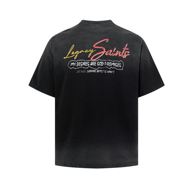 Men's t-shirt - american retro unisex style, washed and distressed print design, crew neck, men's high street slim fit short sleeve tee