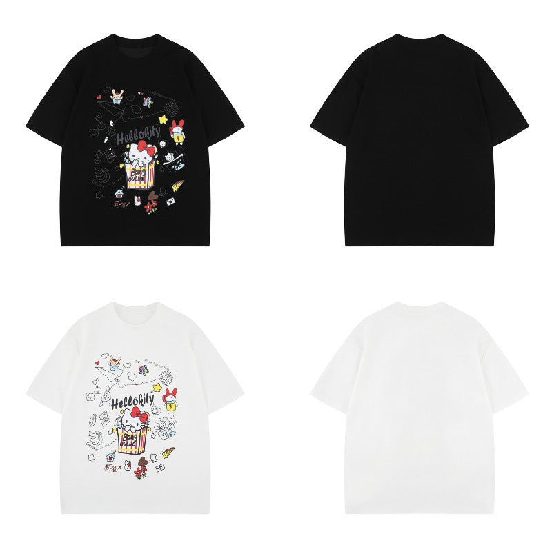 Men's t-shirt - american street style, summer unisex, premium feel, cartoon hello kitty design, men's loose fit short sleeve tee