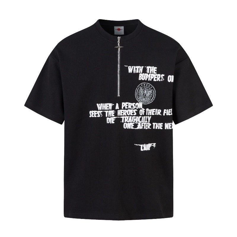 Men's t-shirt: american street style summer waffle knit premium letter print design, men's loose fit zip-up short sleeve tee
