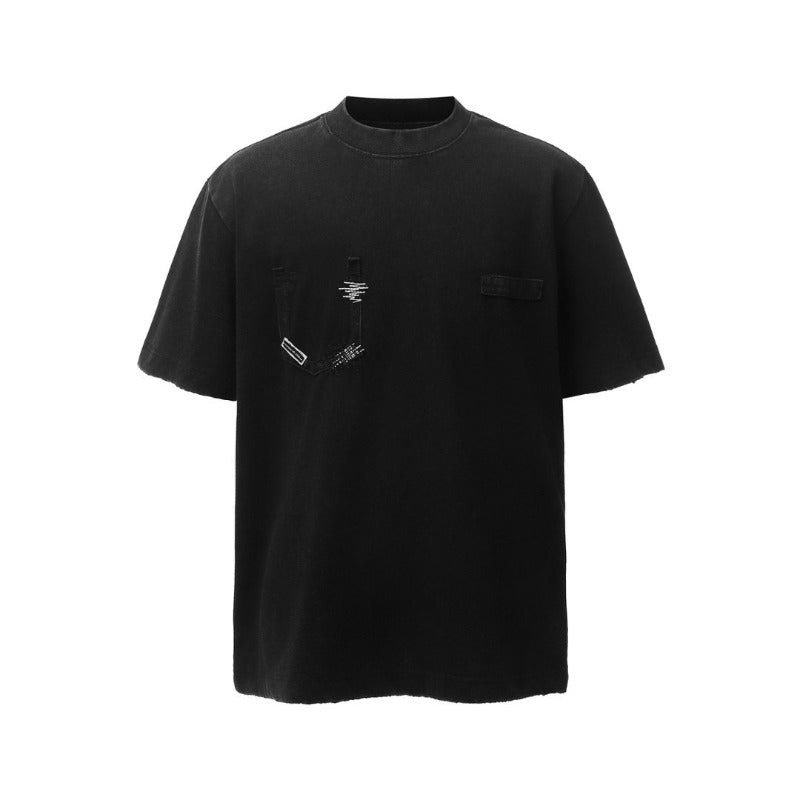 Men's american retro heavyweight double yarn embroidered deconstructed design crew neck high street oversized short sleeve t-shirt