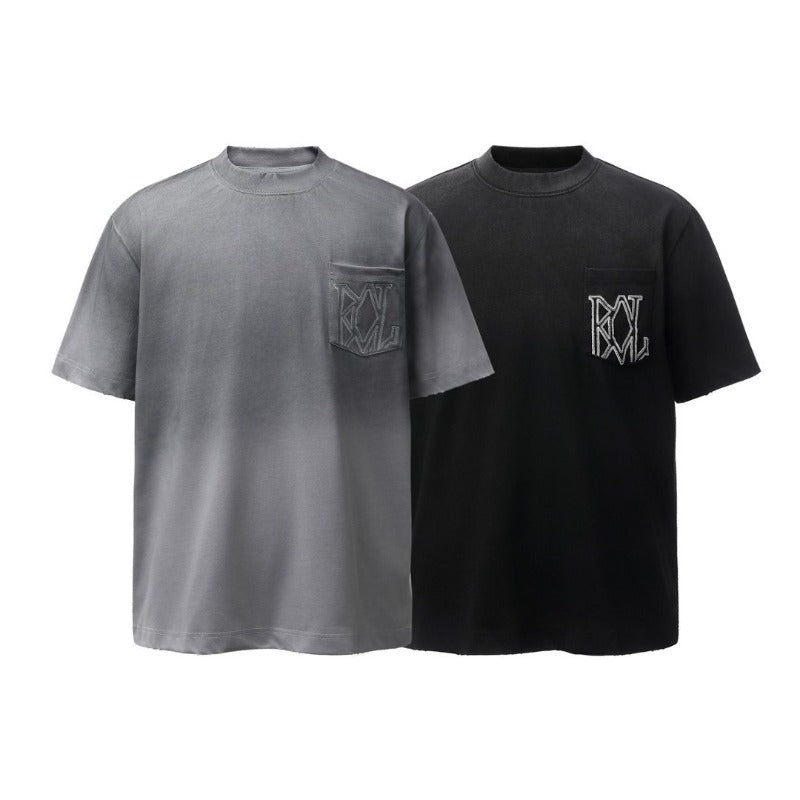 Men's american retro heavyweight double yarn washed distressed embroidered design high street loose fit short sleeve t-shirt
