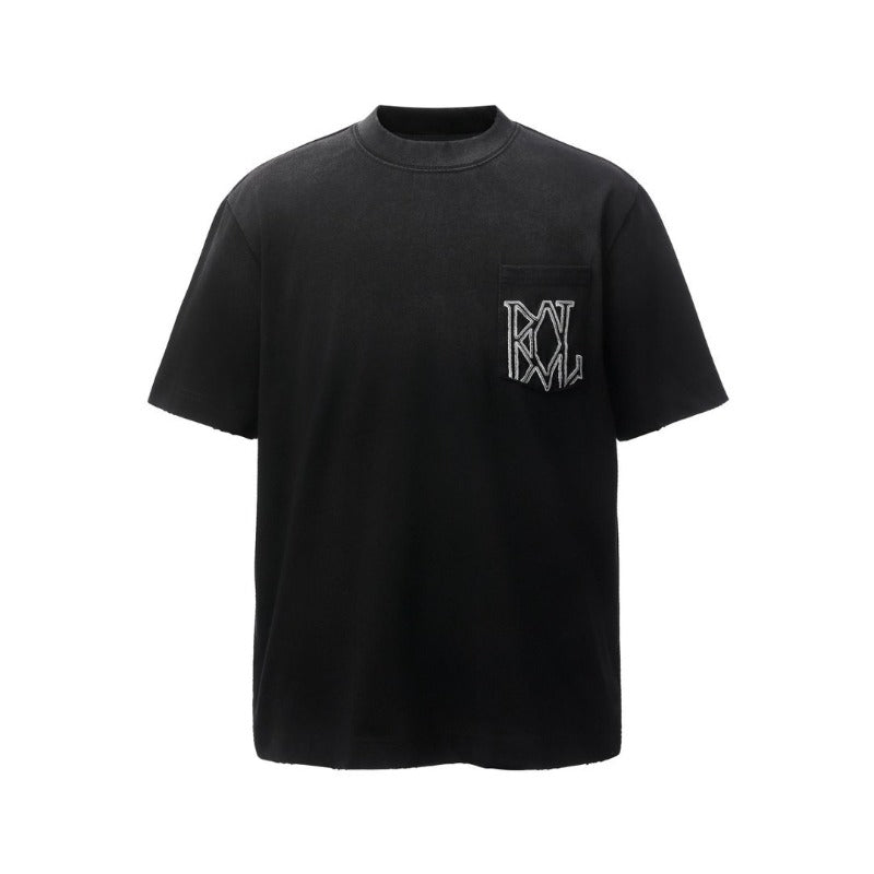 Men's american retro heavyweight double yarn washed distressed embroidered design high street loose fit short sleeve t-shirt