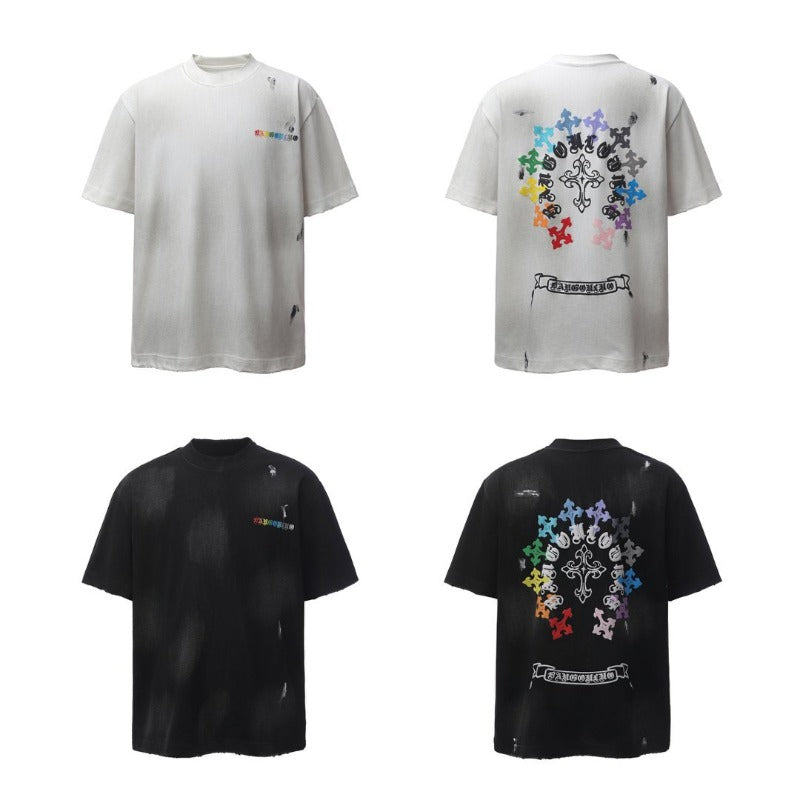 Men's t-shirt: american retro heavyweight double yarn garment-dyed crew neck logo design, high street style, relaxed fit short sleeve tee