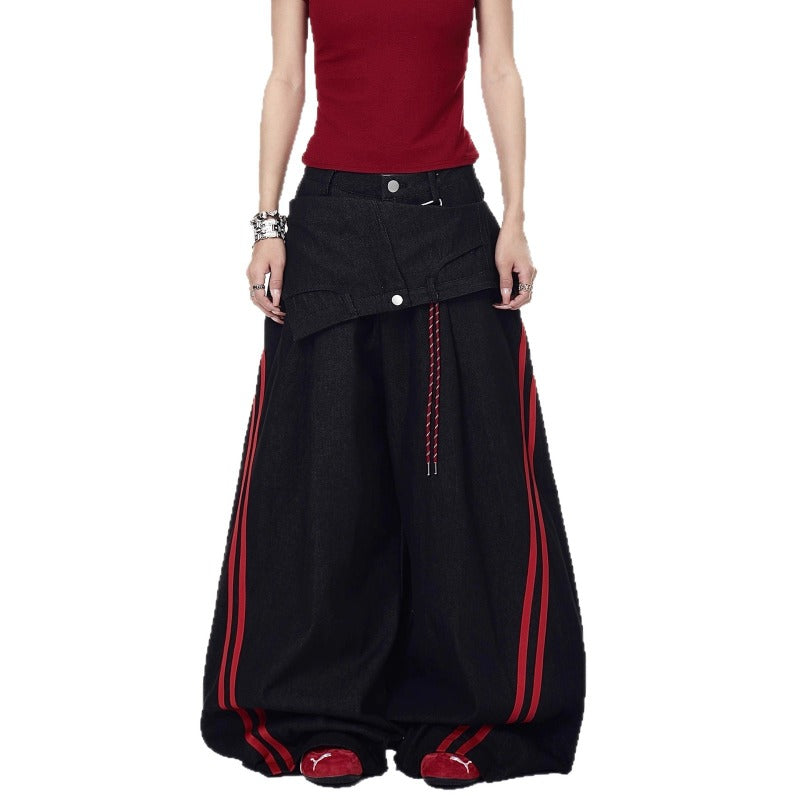 Women jeans removable fart curtain contrasting splicing loose pants