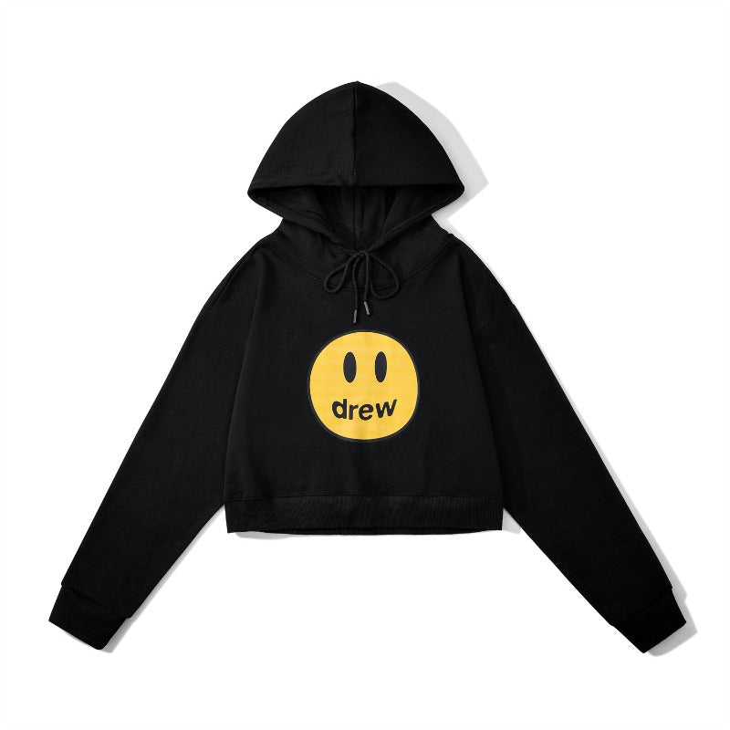 Drew house hoodie - early autumn d@ew smiley face letter print cropped hoodie (women's)