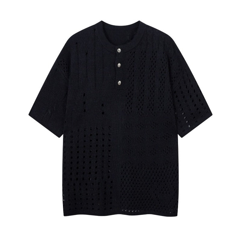 Men's t-shirt: american retro, high-end streetwear, relaxed fit, cutout design, knitted, loose fit, crew neck, short sleeve tee