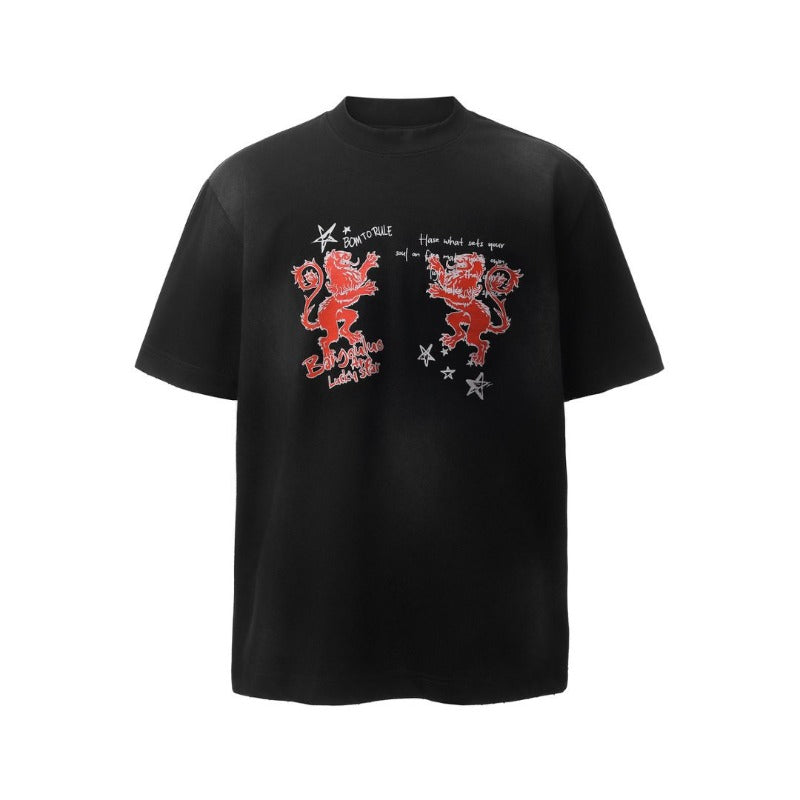 Men's t-shirt - american retro heavyweight double yarn garment-dyed print design, men's high street oversized short sleeve tee