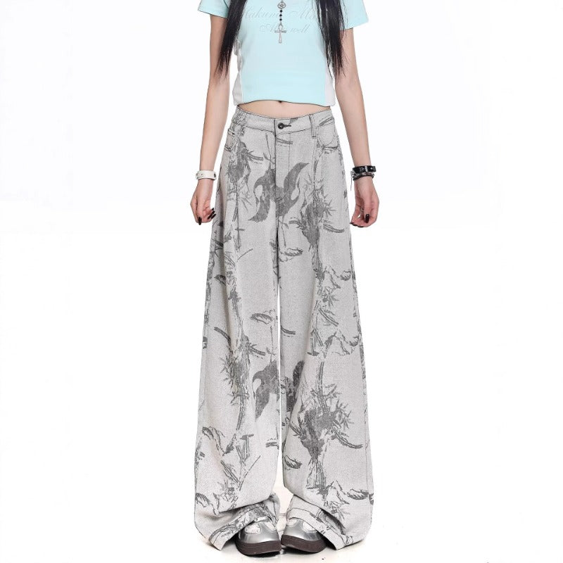 Women jeans retro jacquard loose