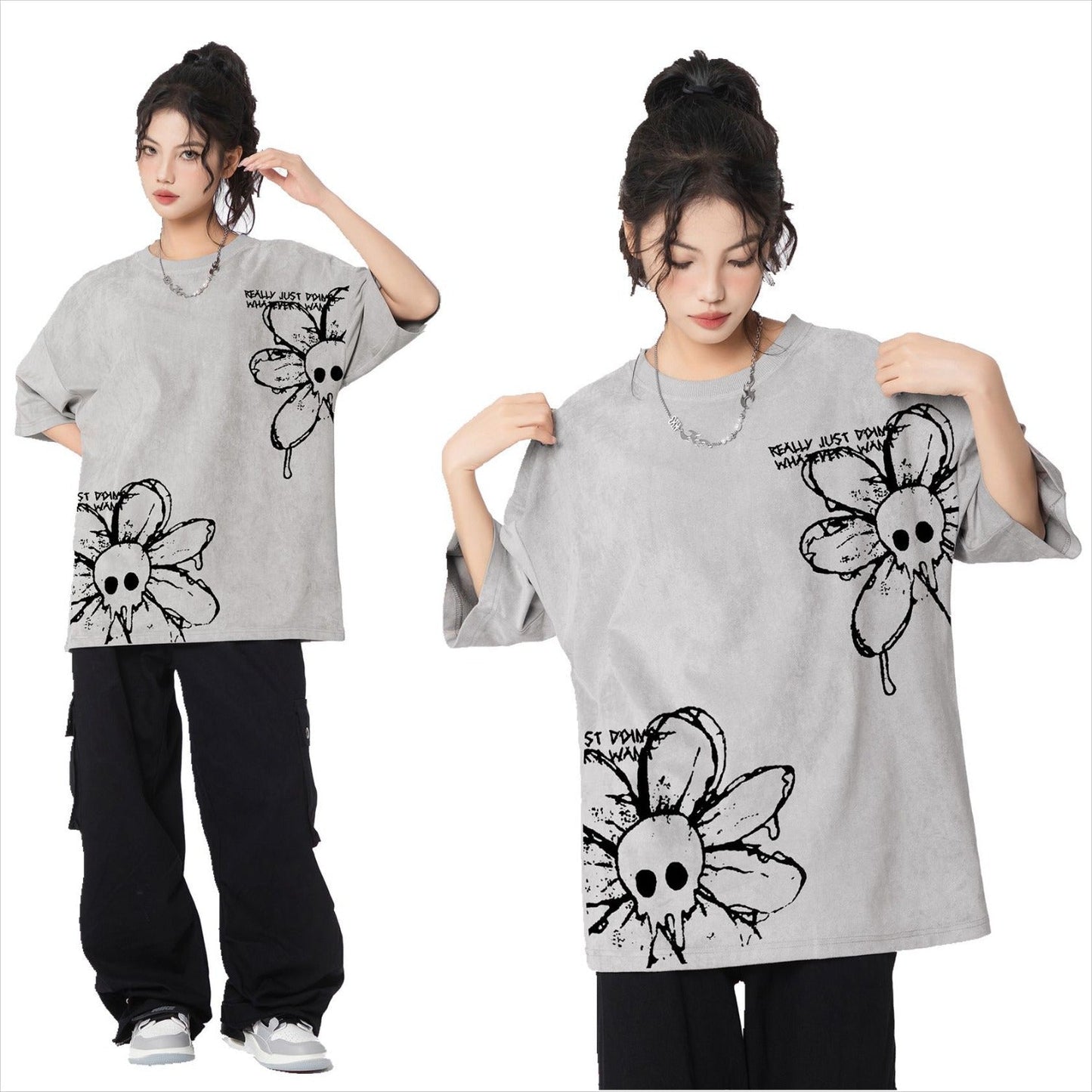 Unisex T-shirts Spring Vintage Hand Painted Flower Casual Loose Short Sleeve T-Shirt